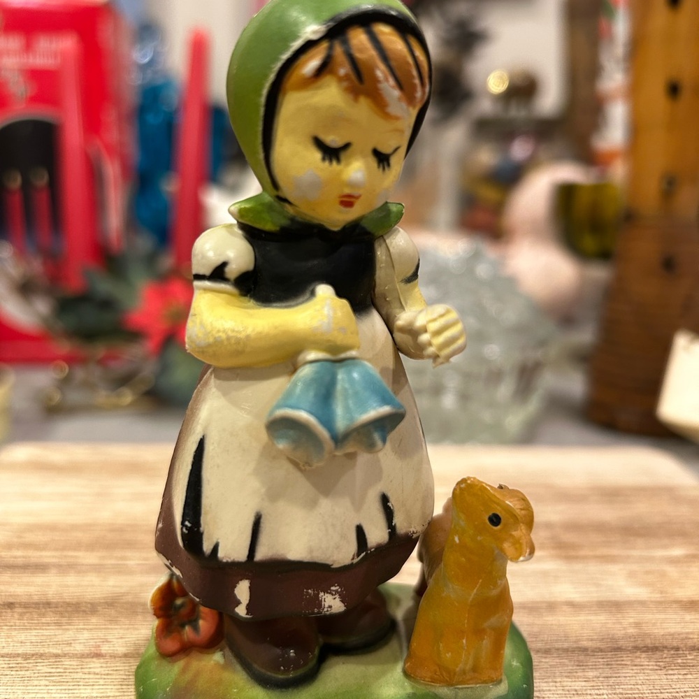 VTG Figurine Girl with Lamb,Bells, Farm. Hard Plastic. 2.6”x1.6”x4”
